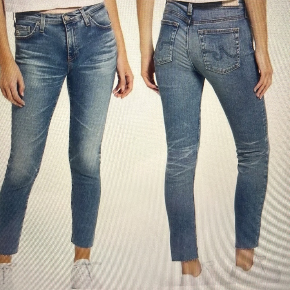AG Prima medium wash raw hem skinny ankle jeans